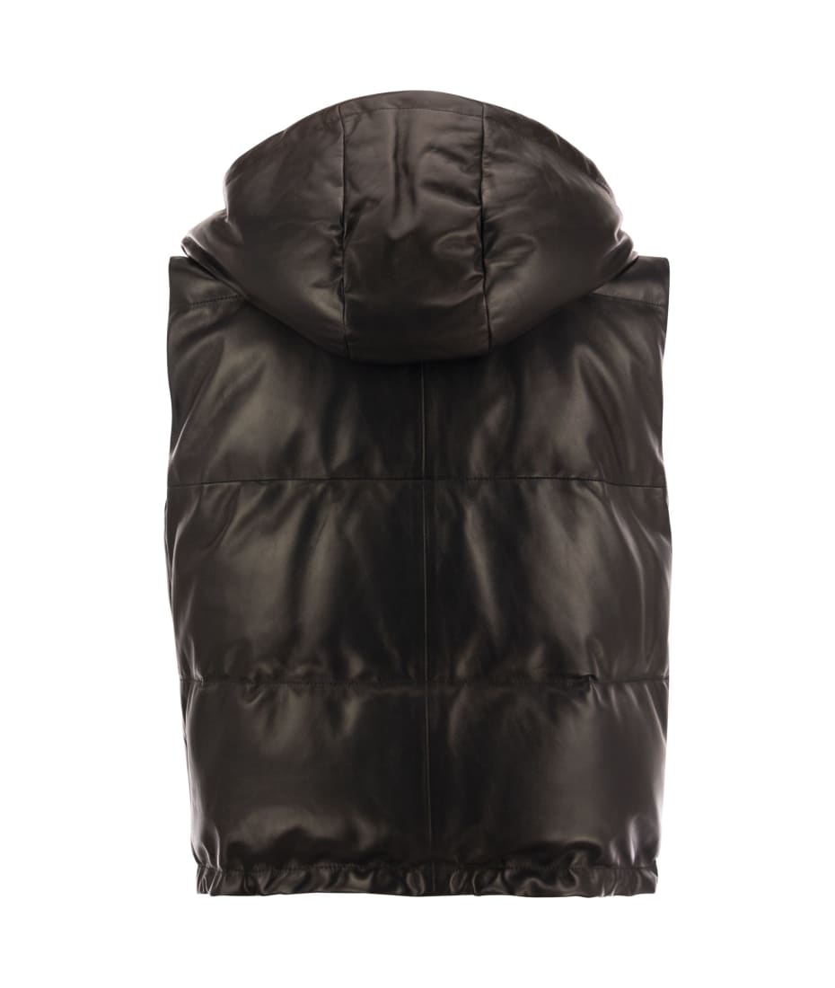 BRUNELLO CUCINELLI Embellished quilted leather hooded down vest