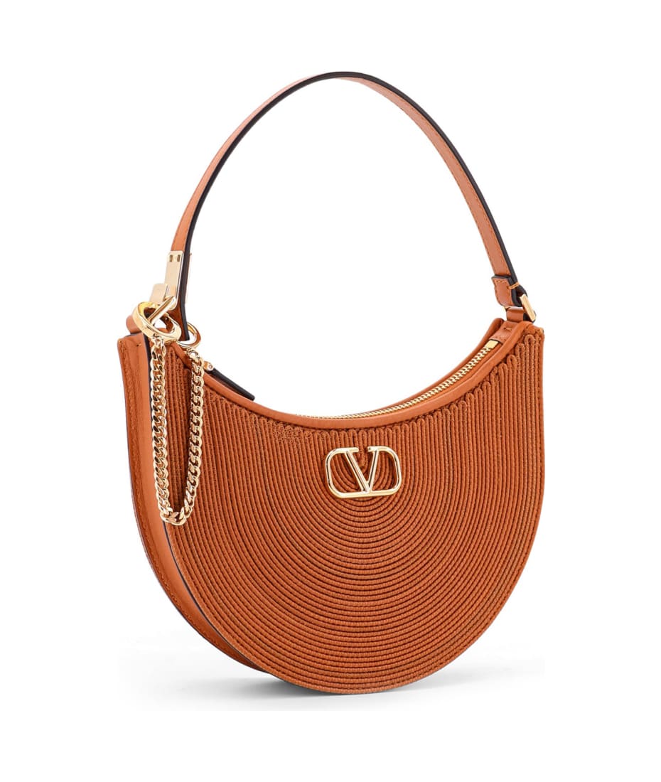 Mini Hobo Vlogo Signature Valentino Garavani Leather And Rafia Bag With Metal And Leather Shoulder Strap