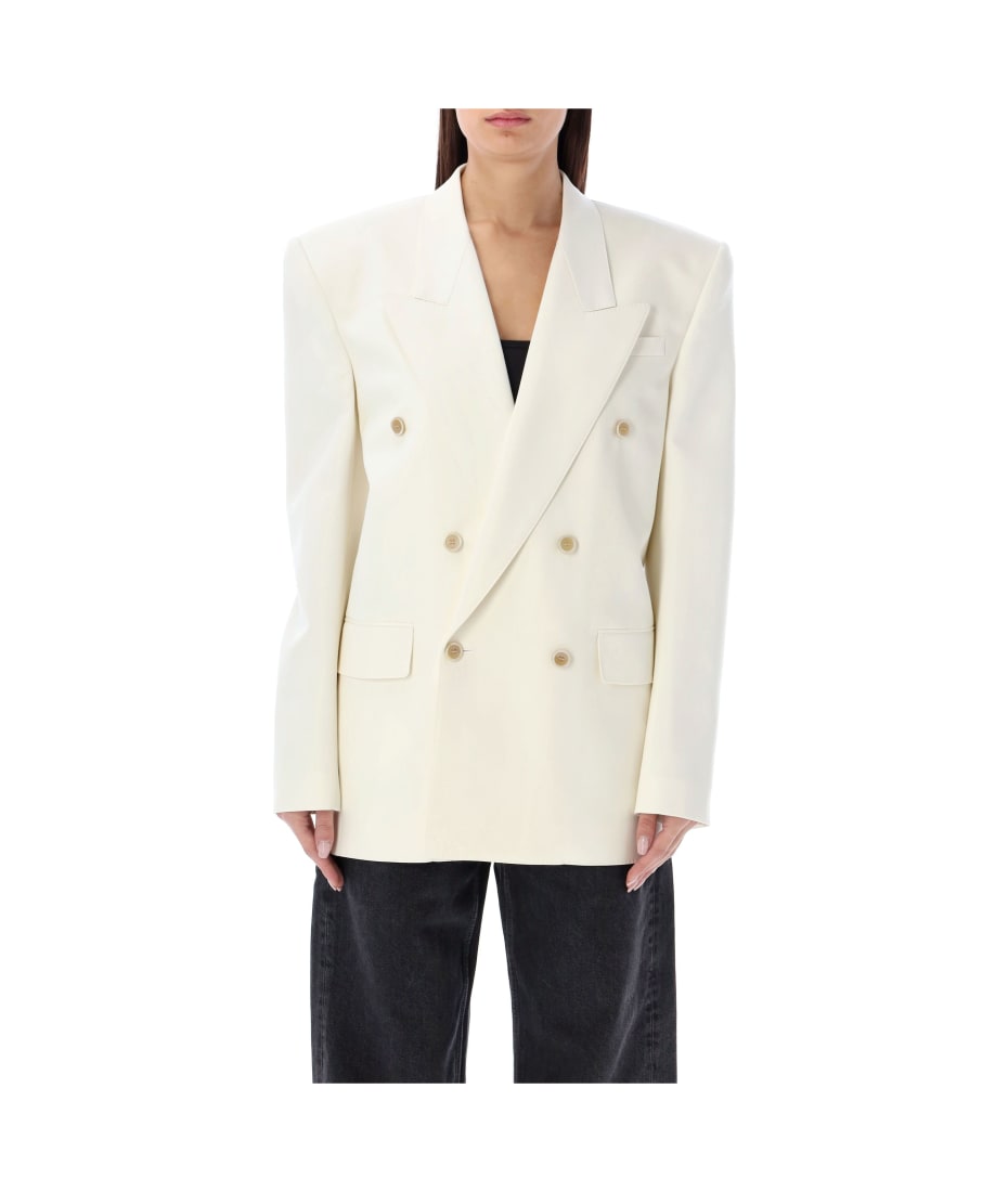 Double-breasted wool gabardine blazer in beige - Saint Laurent