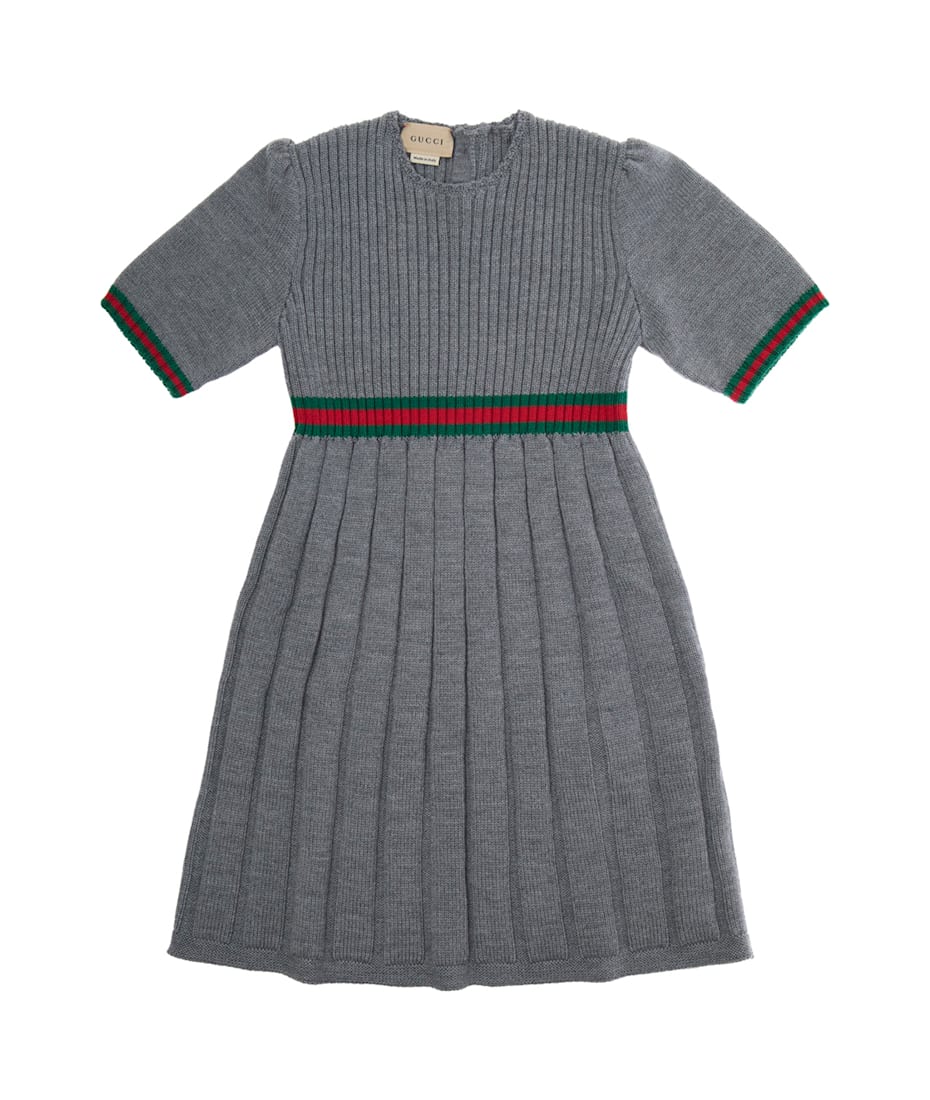 Gucci Grey Dress With Round Neck And Web Detail In Wool Girl | italist, ALWAYS LIKE A SALE Gucci Grey Dress With Round Neck And Web Detail In Wool Girl | italist, ALWAYS LIKE A SALE