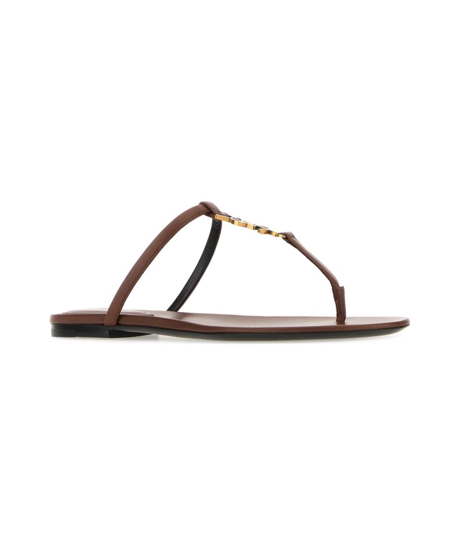Saint Laurent Brown Leather Cassandre Thong Slippers | italist 