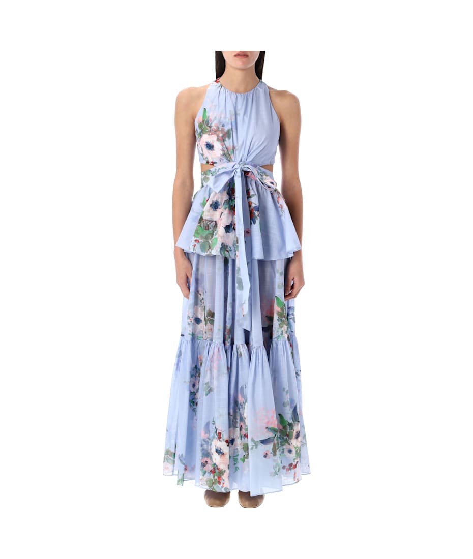 ワンピース 25ss ZIMMERMANN DRAPED BOW MIDI DRESS Everley Draped Bow Midi Dress Light Blue Watercolour Floral