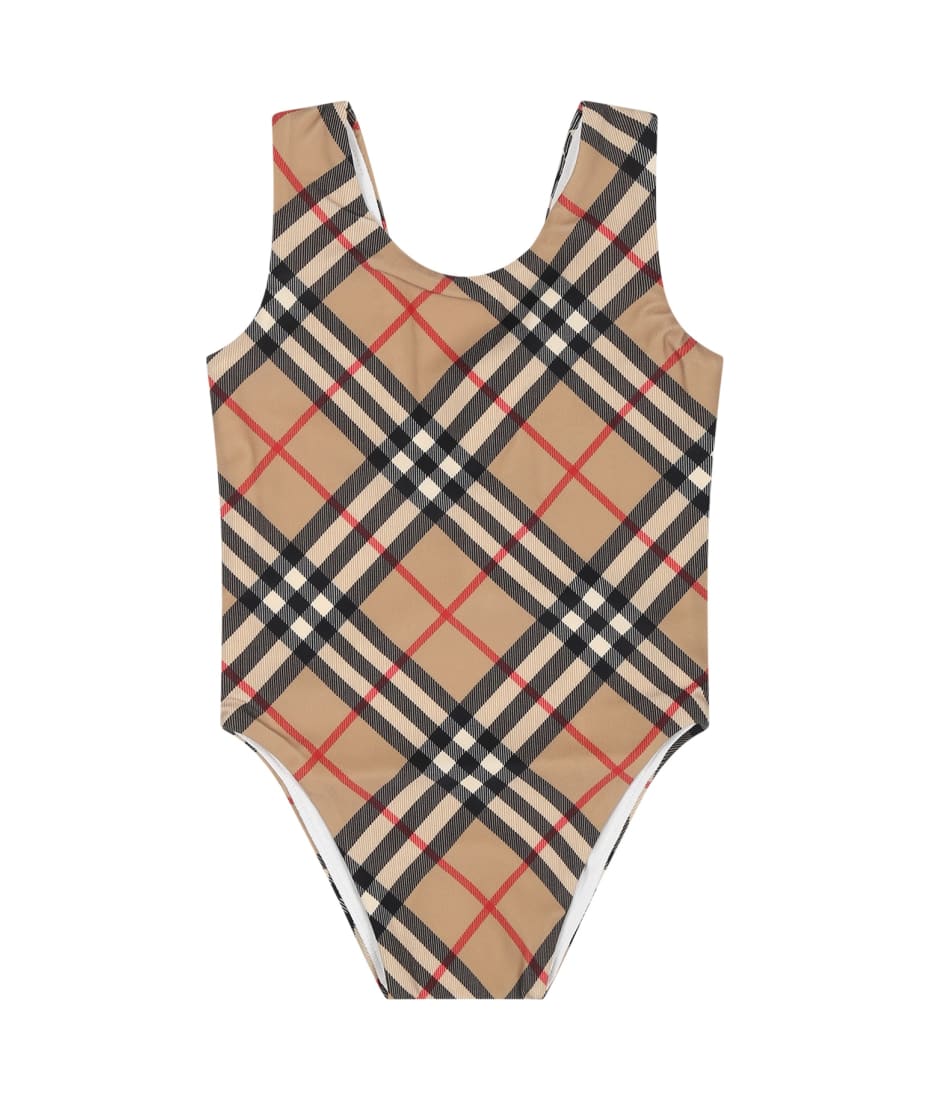 Burberry Beige Swimsuit For Baby Girl With Iconic Check italist ALWAYS LIKE A SALE