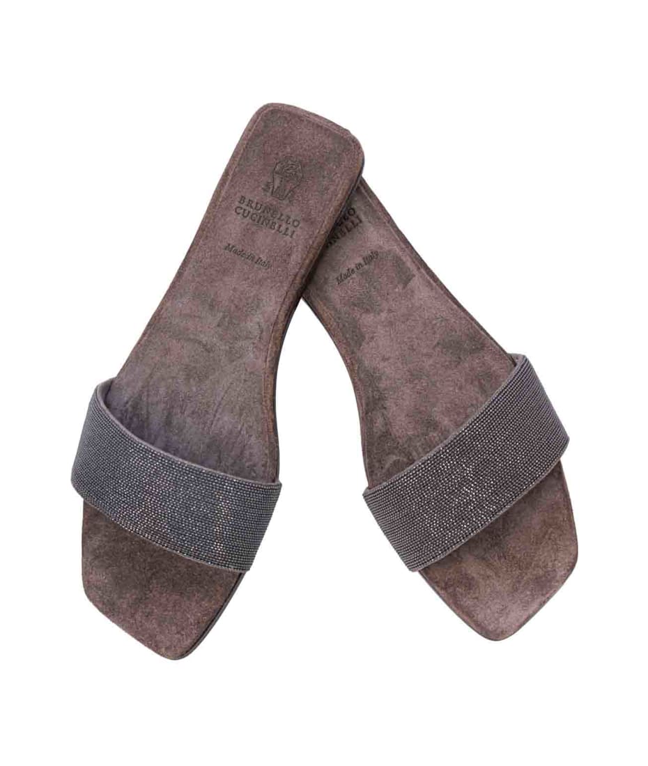 【関税&送料込】Brunello Cucinelli Precious Taupe Slides In Brunello Cucinelli Precious Taupe Slides In Suede Women In