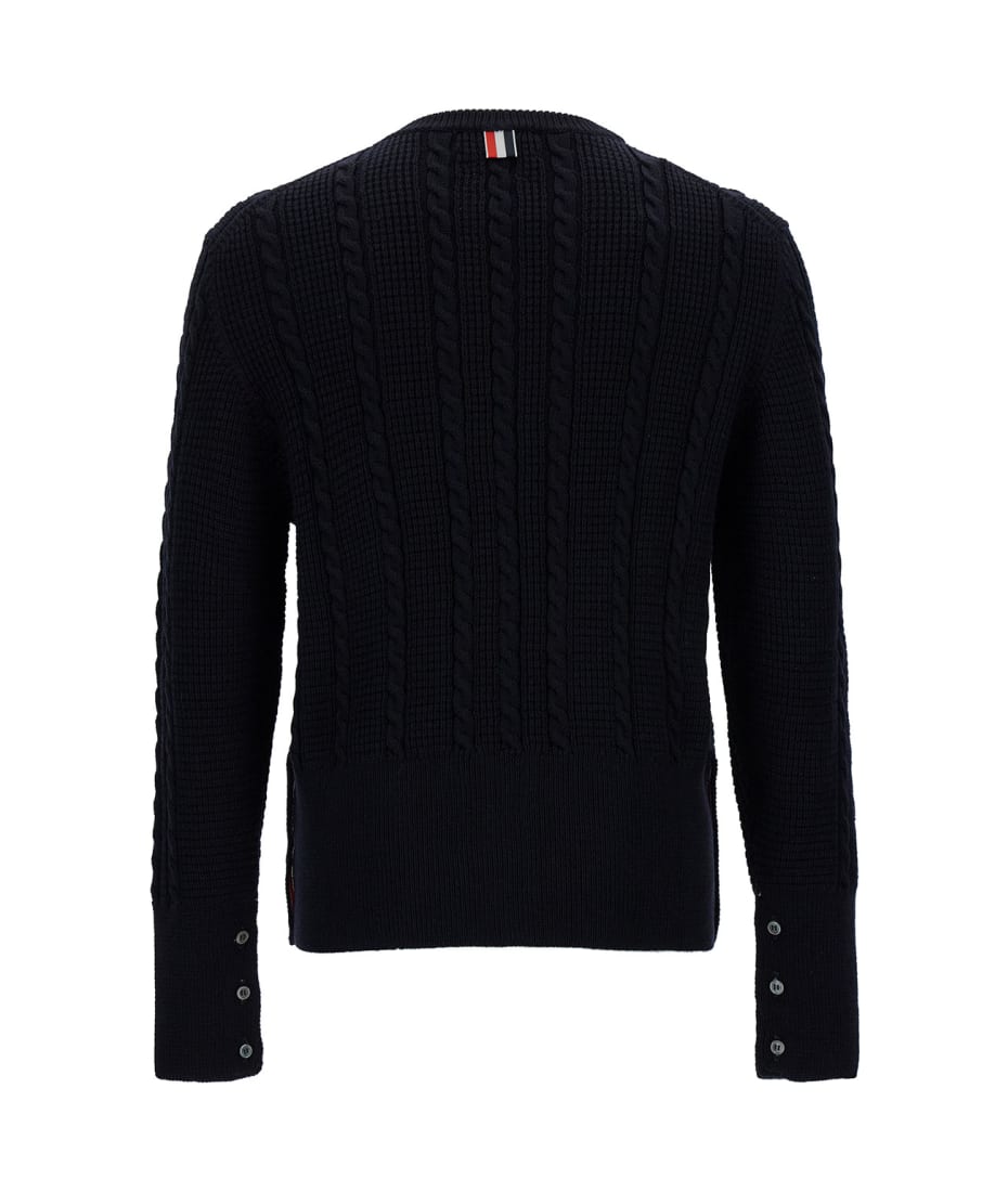 Thom Browne Blue Crewneck Cable Knit Sweater With Rwb Stripe