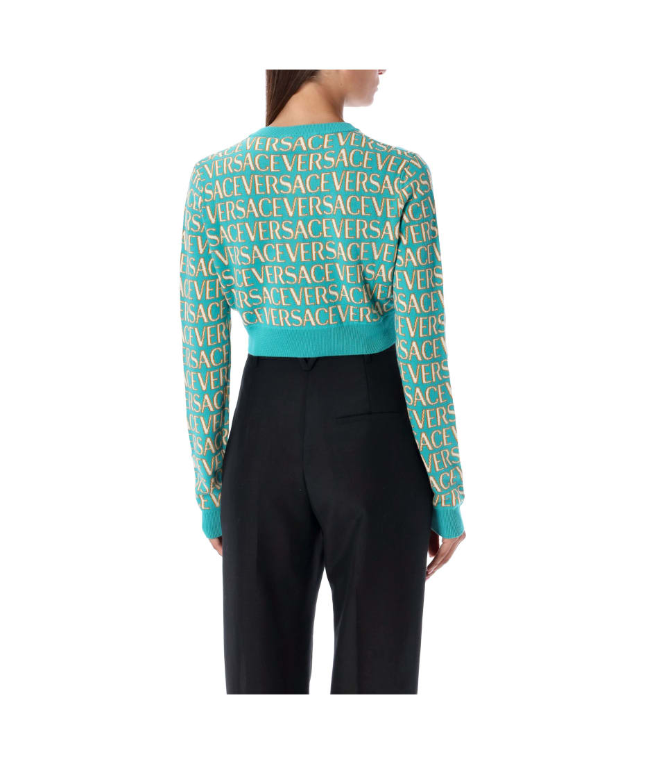 TURQUOISE VERSACE VERSACE ALLOVER KNIT CROP TOP