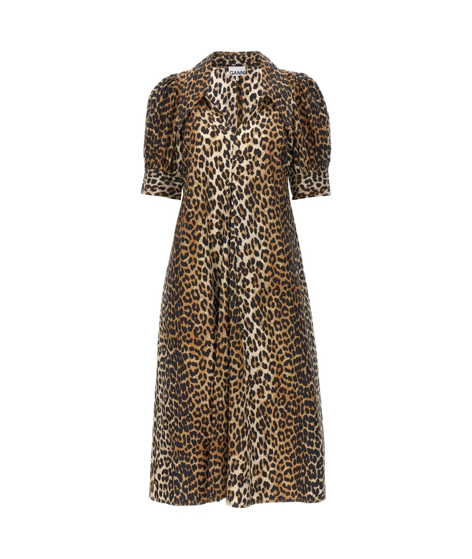 ワンピース Ganni Abito Midi Leopardato Leopard Leopard Printed Cotton Dress | GANNI US