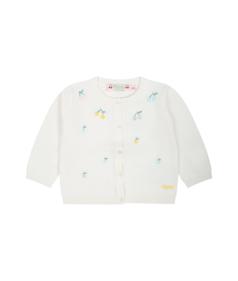 Bonpoint White Cardigan For Baby Girl With All-over Embroidered Cherries - White