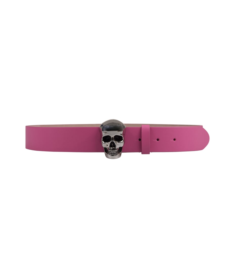 Alexander McQueen Pink Leather Belt With Silver Skull Buckle