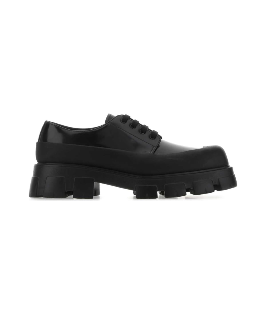 【関税&送料込】Prada Black Leather Lace-Up Shoes PRADA Monolith brushed leather lace-up shoes loafers - black