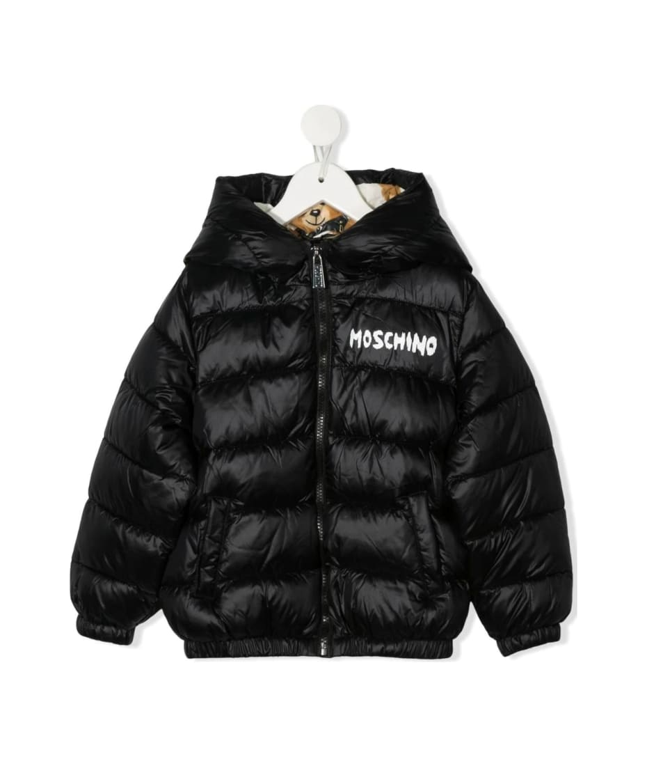 Moschino Kids Down Jacket In Black Nylon With Teddy Bear On