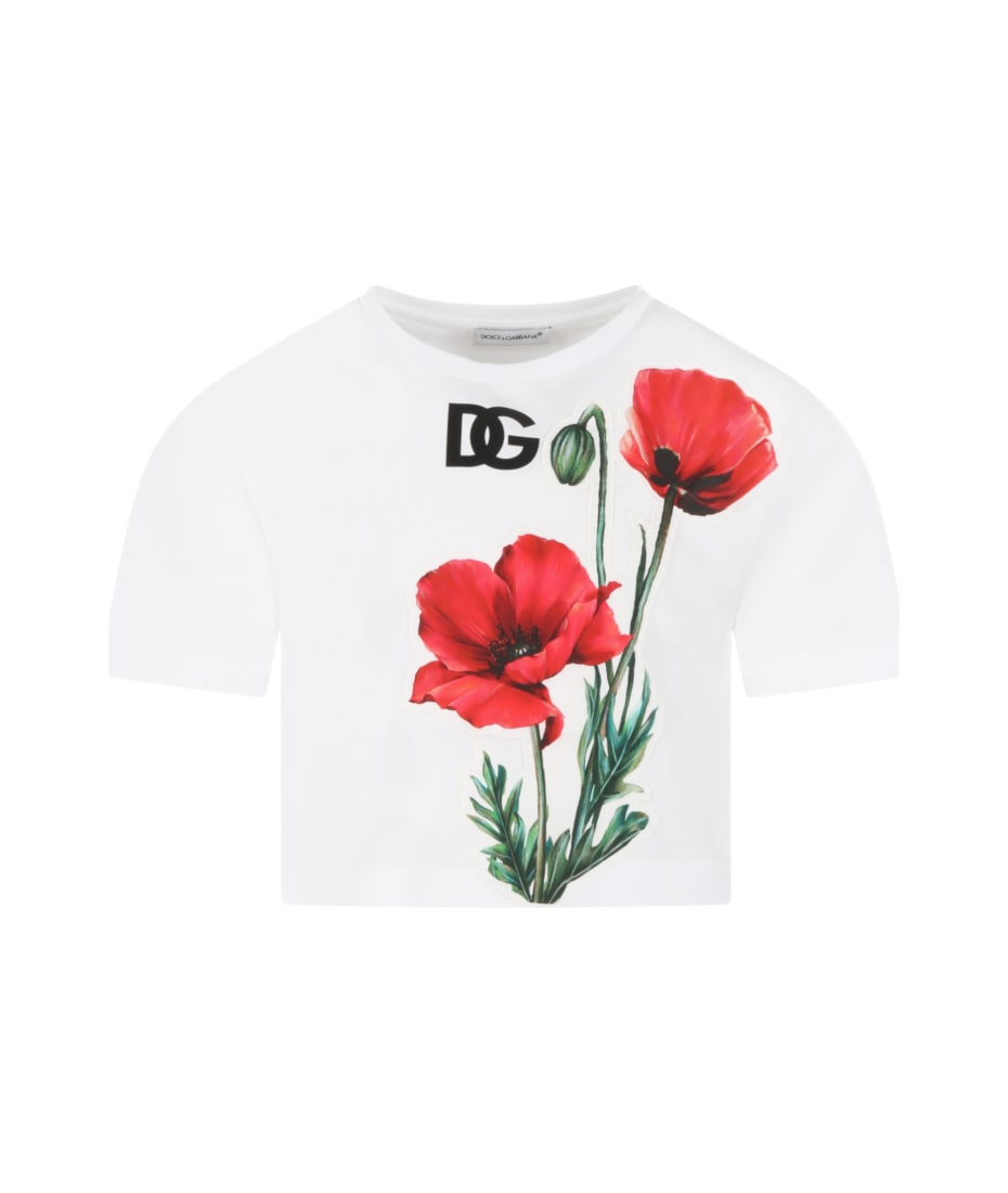 Dolce & Gabbana White T-shirt For Girl With Logo And Poppies - Bianco