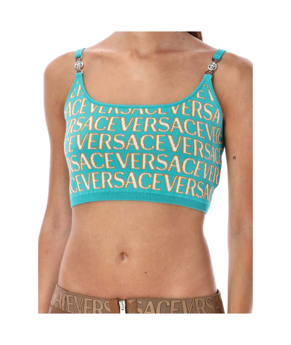 TURQUOISE VERSACE VERSACE ALLOVER KNIT CROP TOP