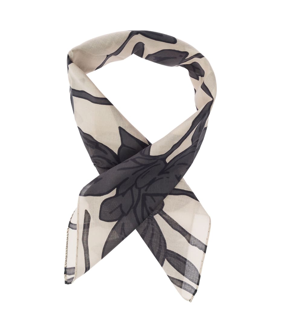 Brunello Cucinelli Black And White Scarf With Floreal Print In Cotton Woman - Multicolor