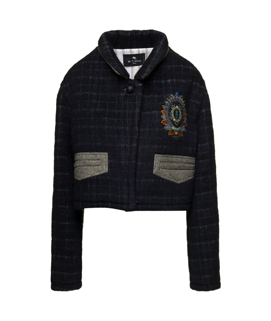 【送料&関税込】Etro Black Cropped Jacket With Embroidery An Etro Black Cropped Jacket With Embroidery And Check Motif In