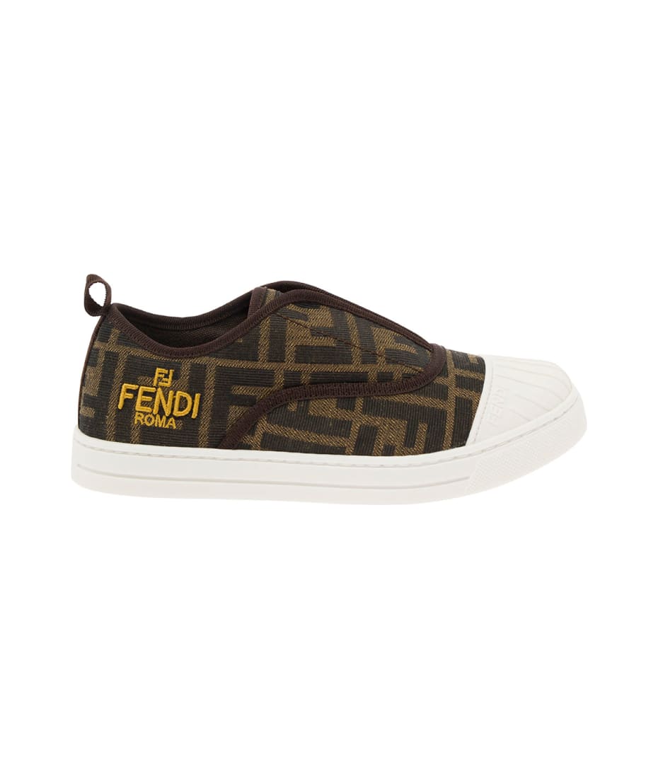 Fendi Brown Pull-on Sneakers With Logo Embroidery In Ff Canvas Boy - Main Image
