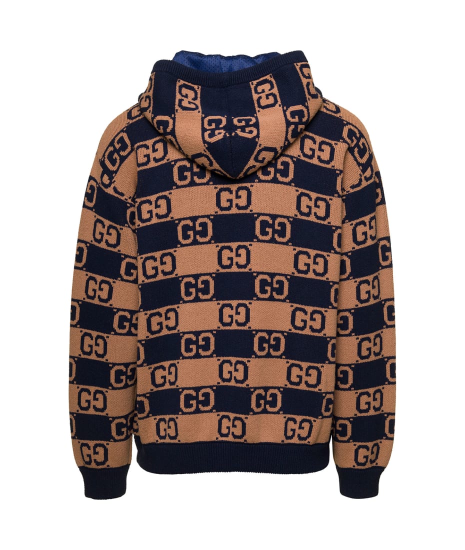 Gucci Beige And Blue Hoodie With All-over Monogram In Cotton Blend