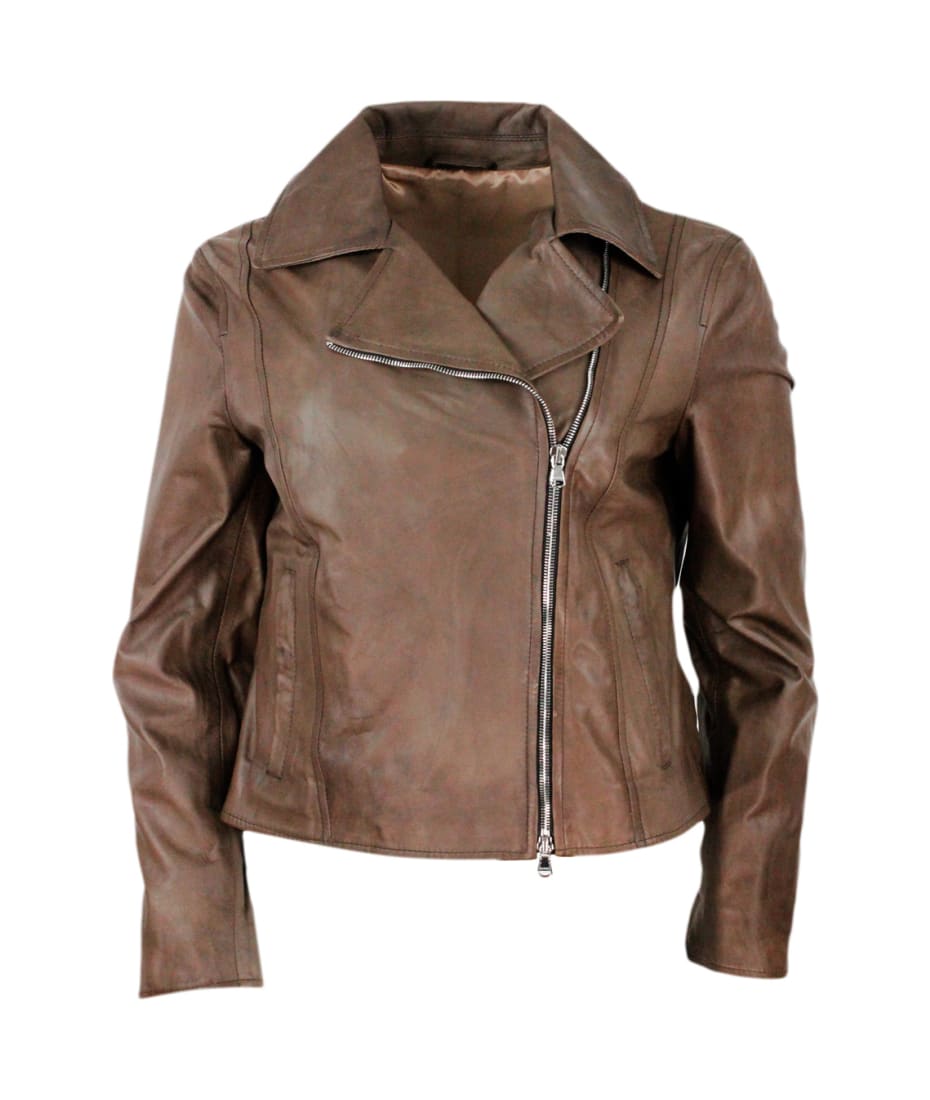 Barba Napoli Studded Jacket In Fine And Soft Nappa Leather With Zip Closure - Brown