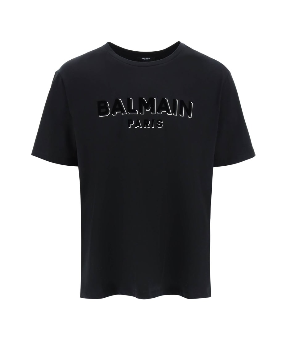 Balmain All Over Flock Logo Monogram Print Black T-shirt - T