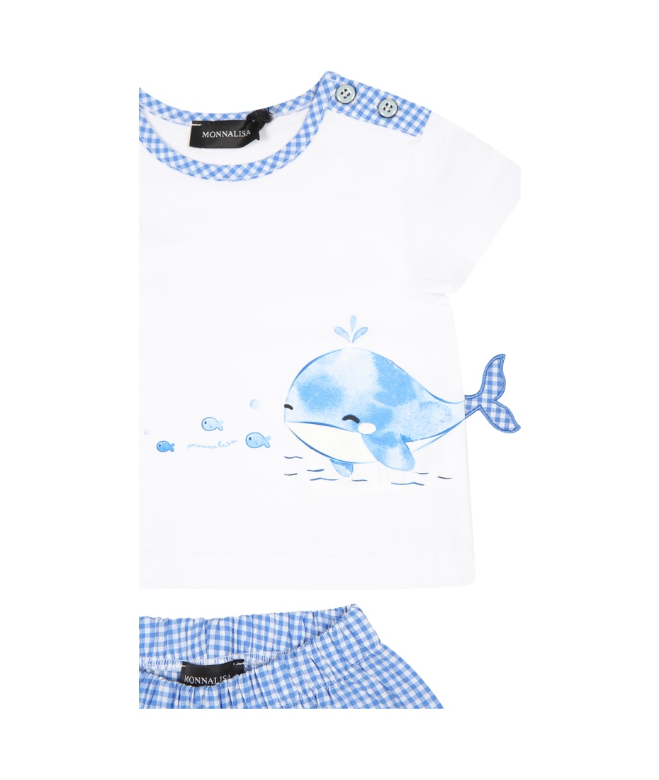 Monnalisa White Suit For Baby Boy With Whale Print - White