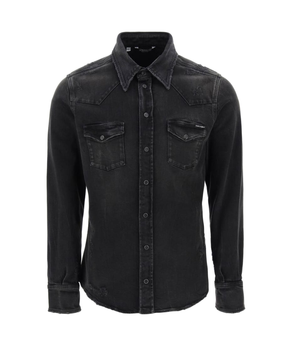 Black distressed retailer denim shirt