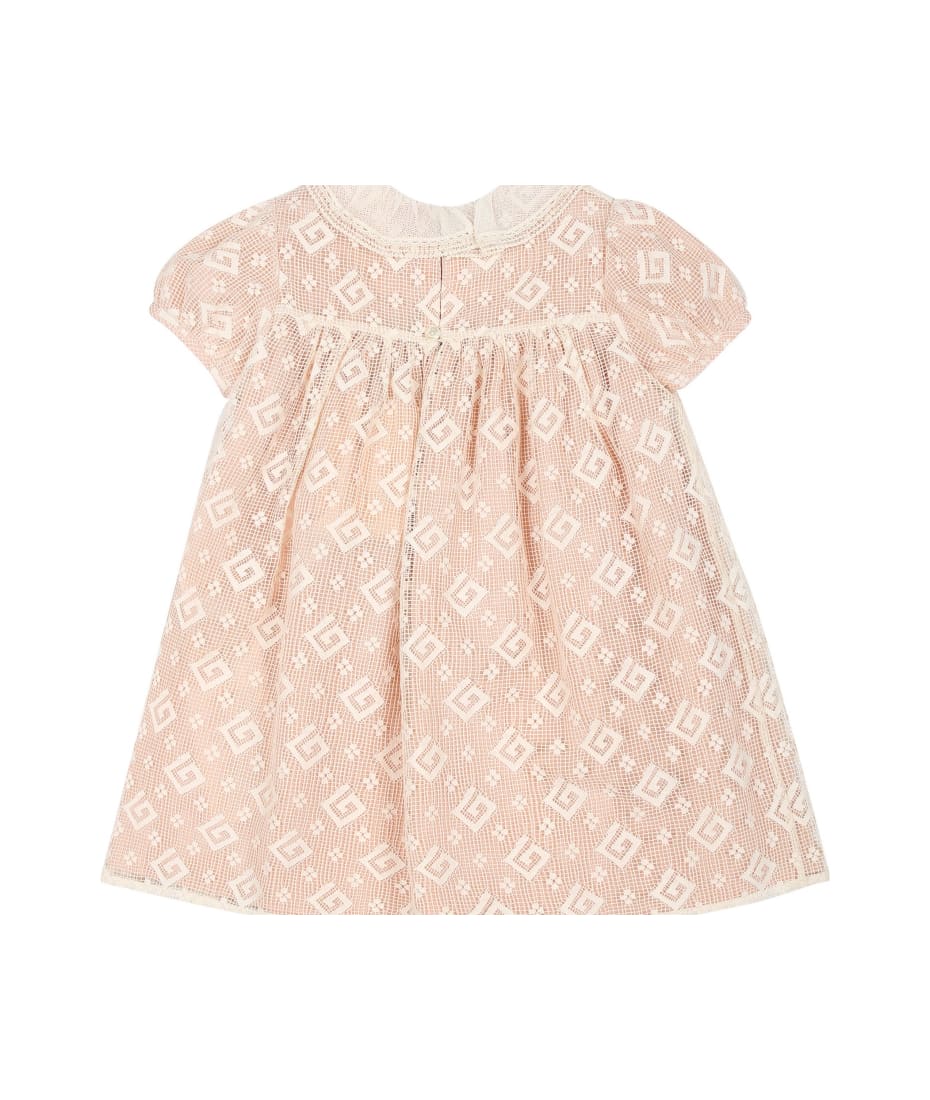 最終値下げgucci kids フリル　ティアード　デニム　ドレス 24m Gucci Pink Dress For Baby Girl With G Quadro Motif | italist
