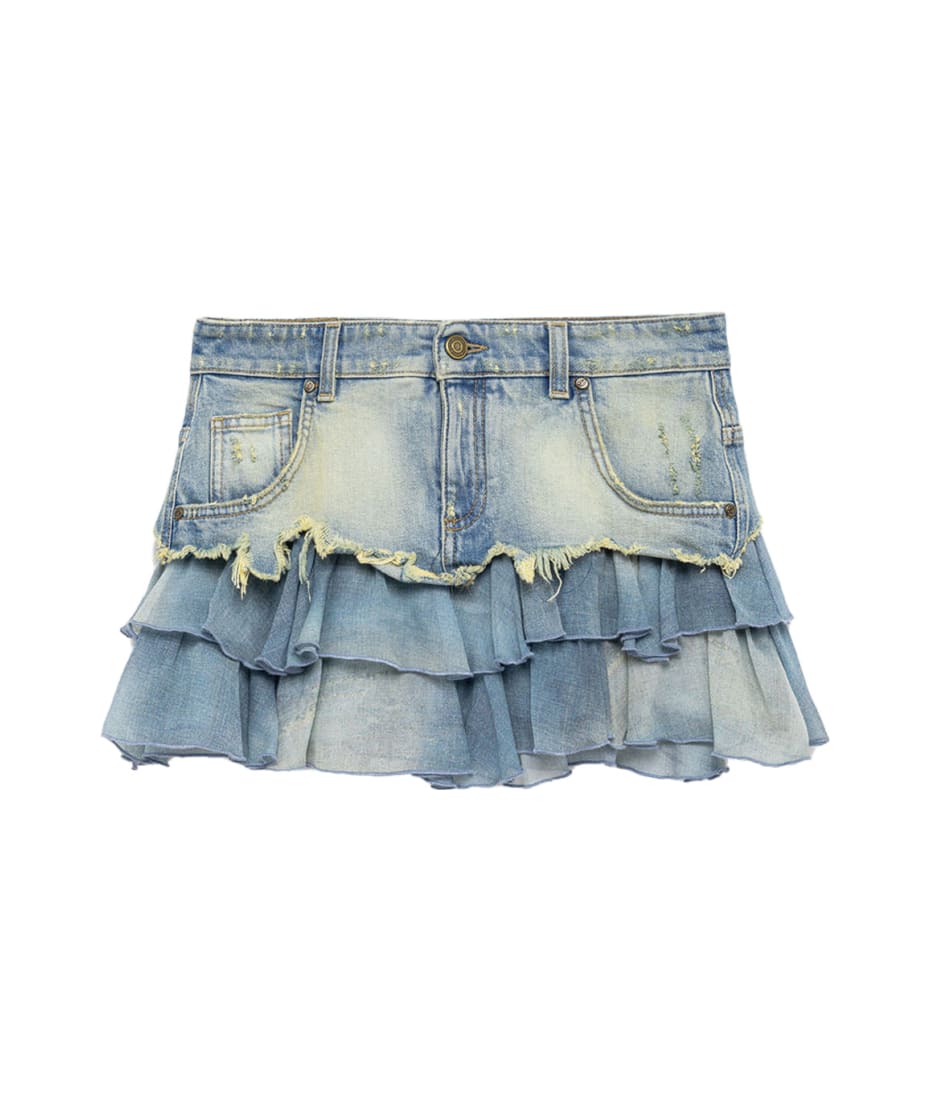 Blumarine Blue Denim Mini Skirt With Chiffon Ruffles