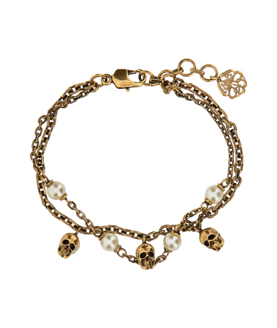Skull Pearl Chain Bracelet In Antiqued Gold