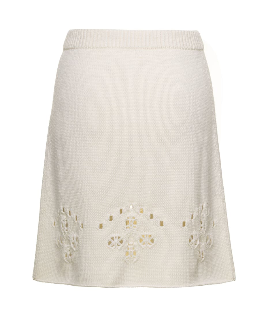 White A-line Knit Mini-skirt With Perforated Motifs In Wool Woman