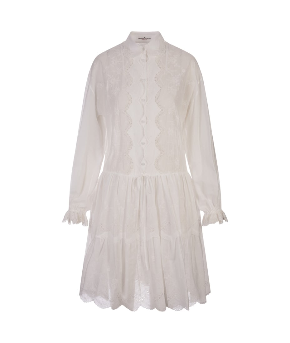 Ermanno Scervino White Midi Shirt Dress With Flower Embroidery
