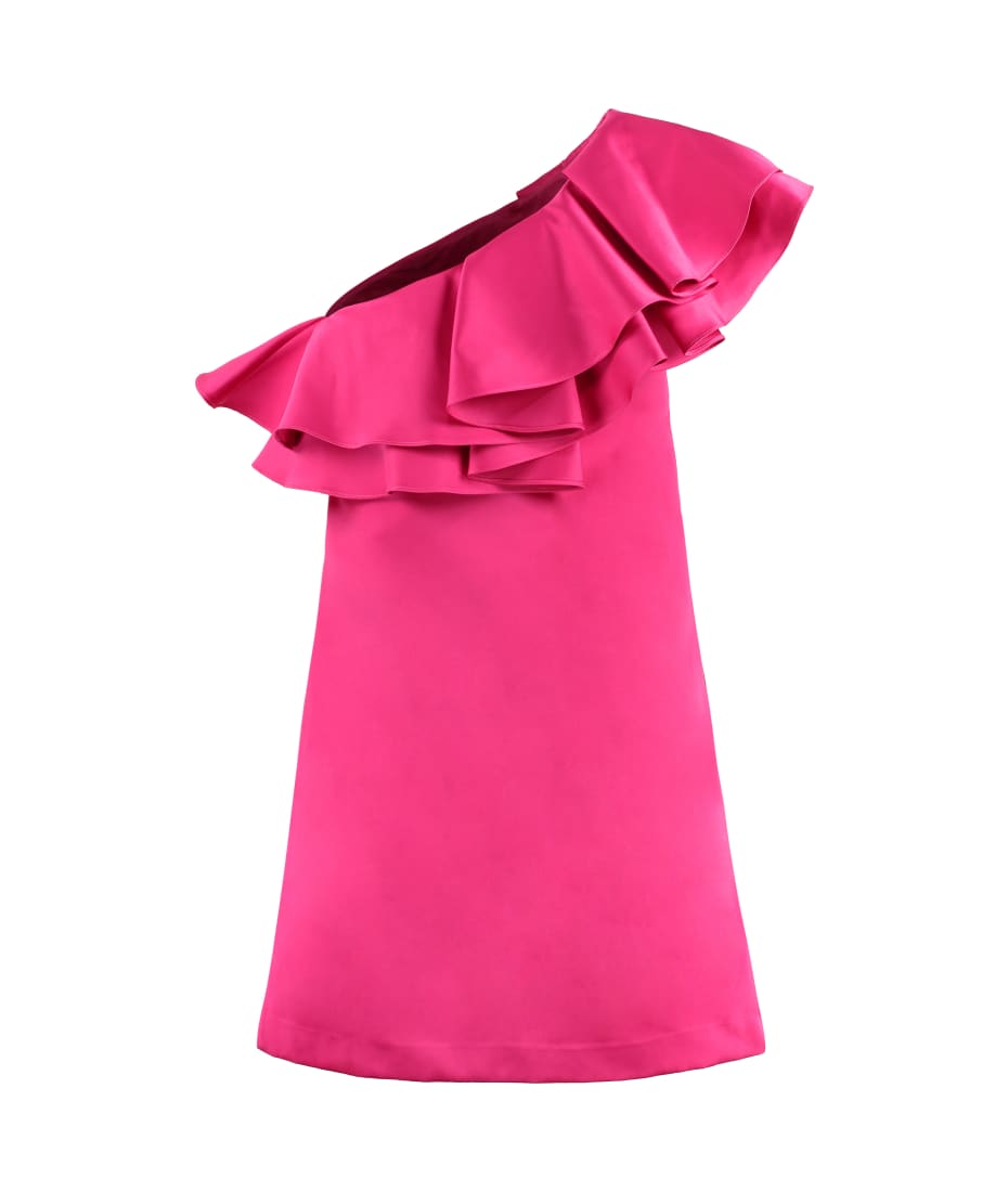 open lace back dress Scuba One Shoulder Column Dress with Pleated Ruffle Flower – Camille La Vie