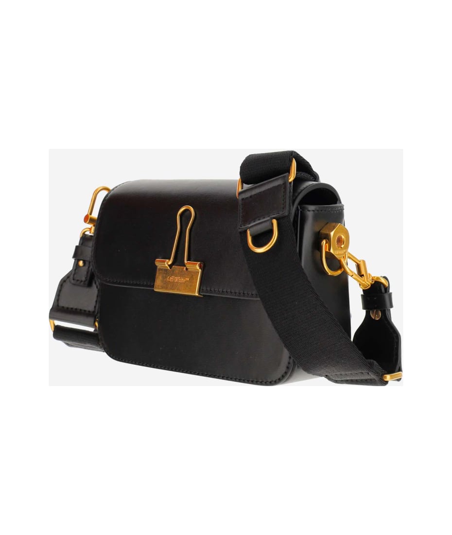 OFF-WHITE Virgil Abloh Black Leather Gold Binder Paper Clip Mini Crossbody  Bag