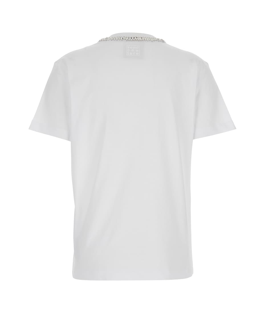 White Round Neck T-shirt With Metallic Decorations In Cotton Woman