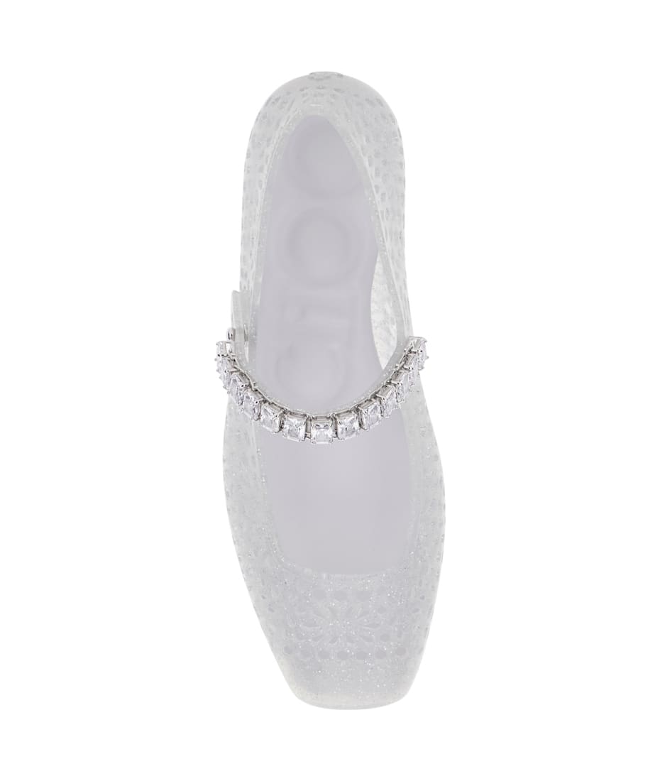 'the Jelly' White Ballet Shoes With Square Toe And Crystal Embellishments In Tech Fabric Woman