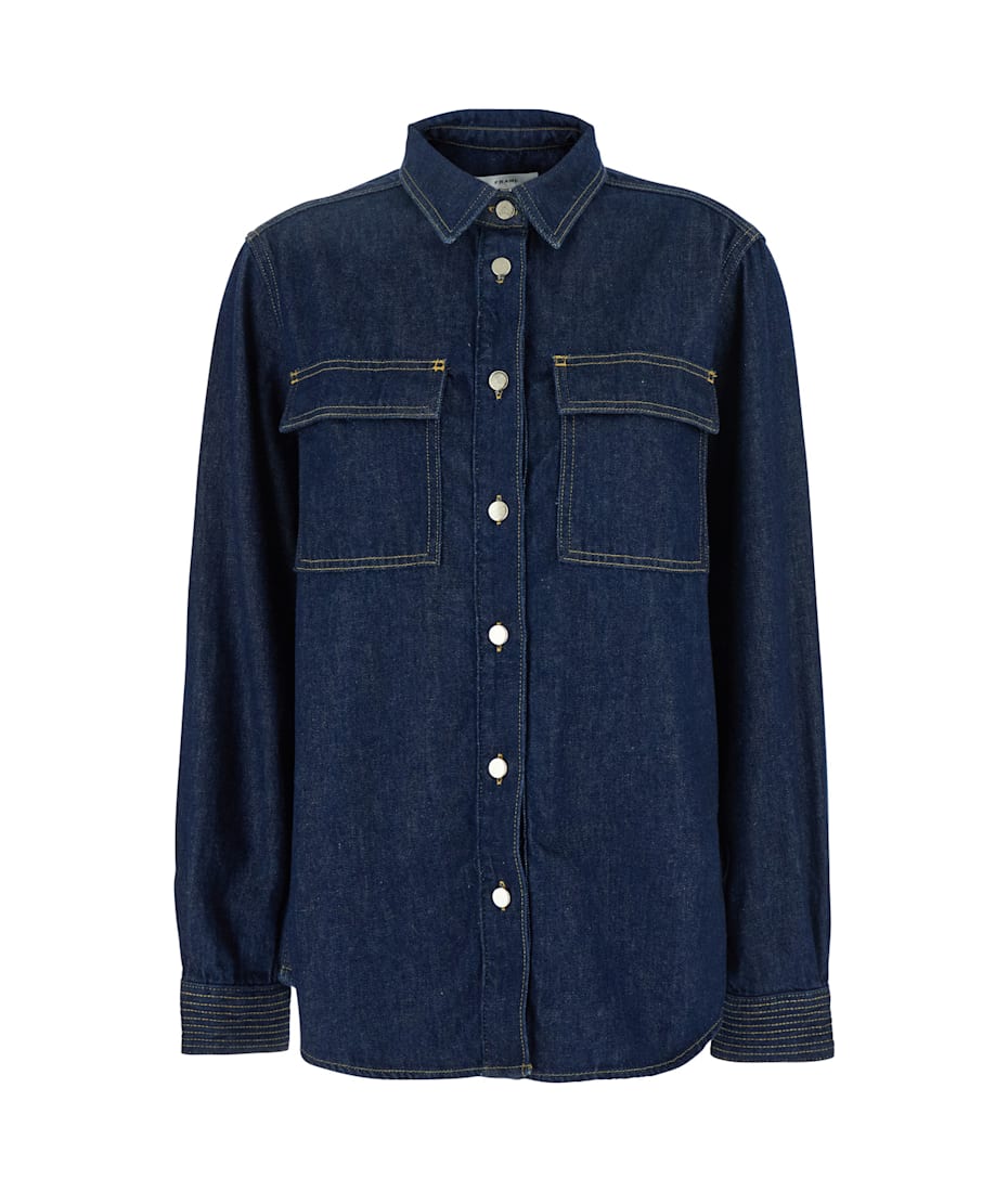 Frame 'the Trapunto Shirt' Blue Oversize Shirt With Classic Collar