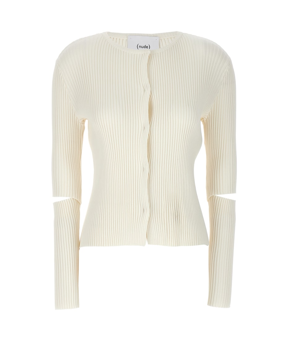 (nude) Cutout Detail Ribbed Cardigan - White
