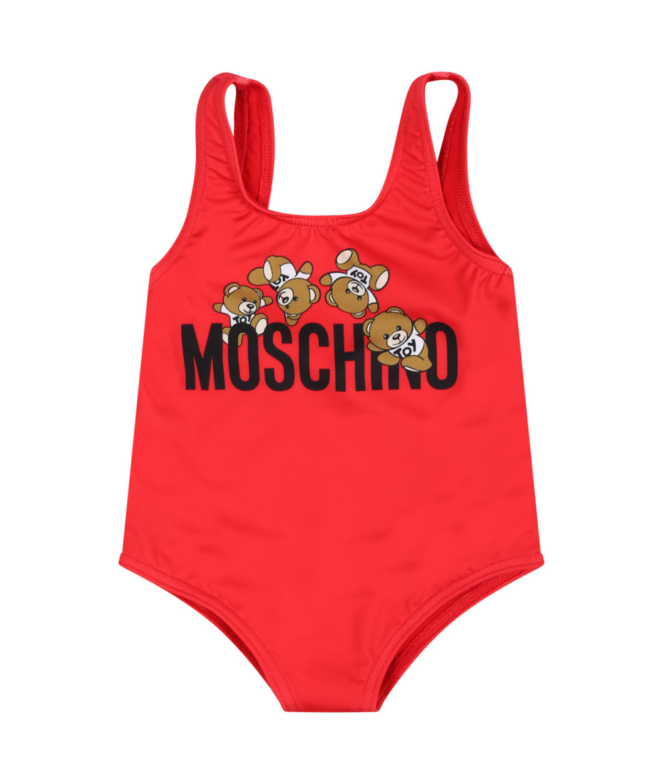 Moschino Red One-piece Swimsuit For Baby Girl With Logo And Teddy Bear - Red
