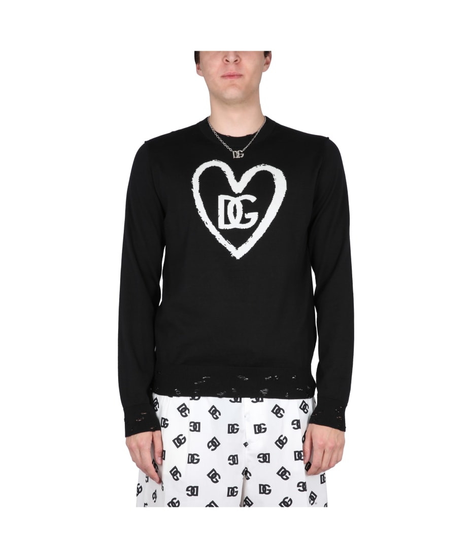 Dolce & Gabbana Silk Jacquard Round-neck Jumper With Dg Logo In