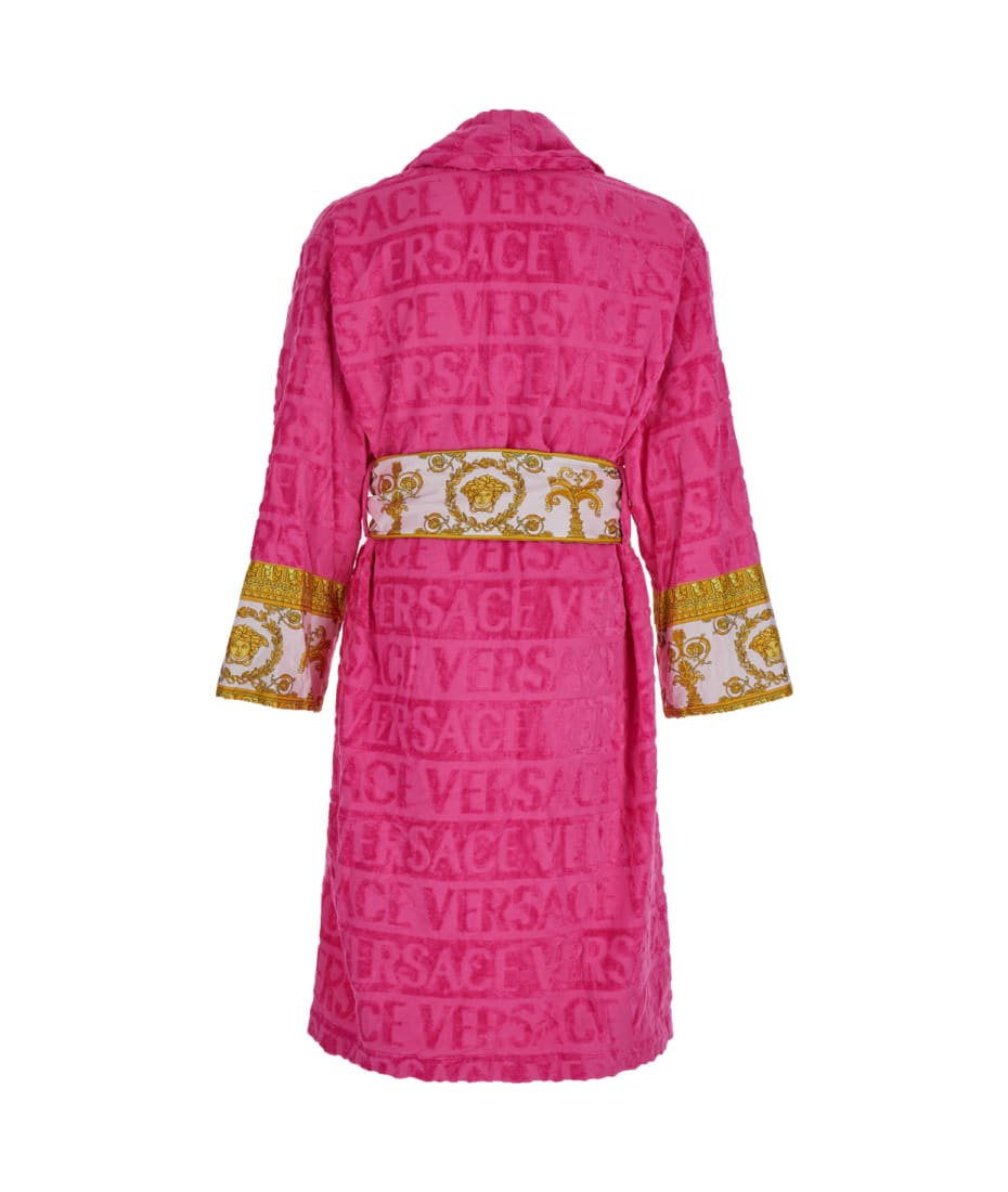 Versace Pink Bathrobe With Baroque Pattern In Terry Cotton