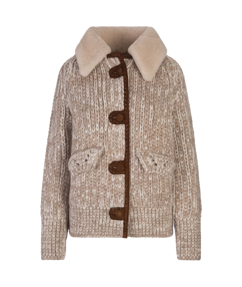 【24SS NEW】ERMANNO SCERVINO / サハリアナ ベルト ジャケット Ermanno Scervino Beige Knitted Bomber Jacket With Shearling