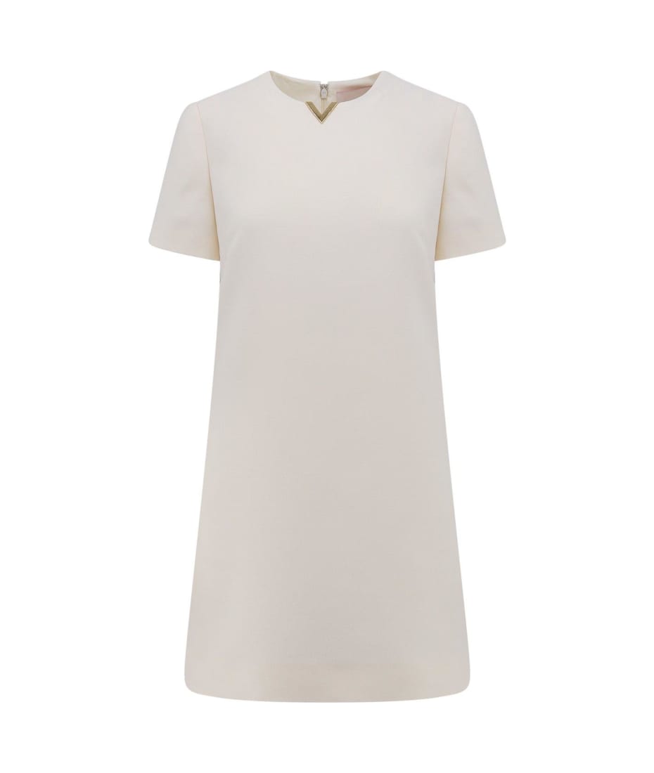 Valentino Crepe Couture Logo Plaque Short-sleeved Dress - White