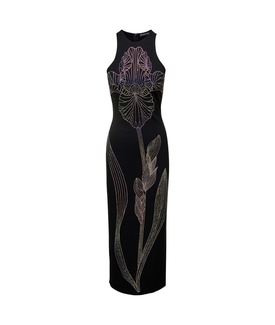 David Koma Black Long Dress With Iridiscent Flower And Back Slit