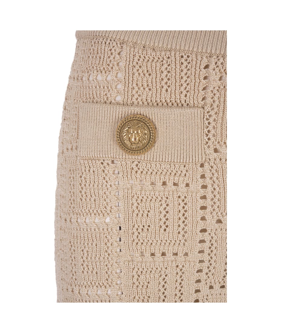 Balmain Beige Perforated Knit Shorts With Monogram - Marrone