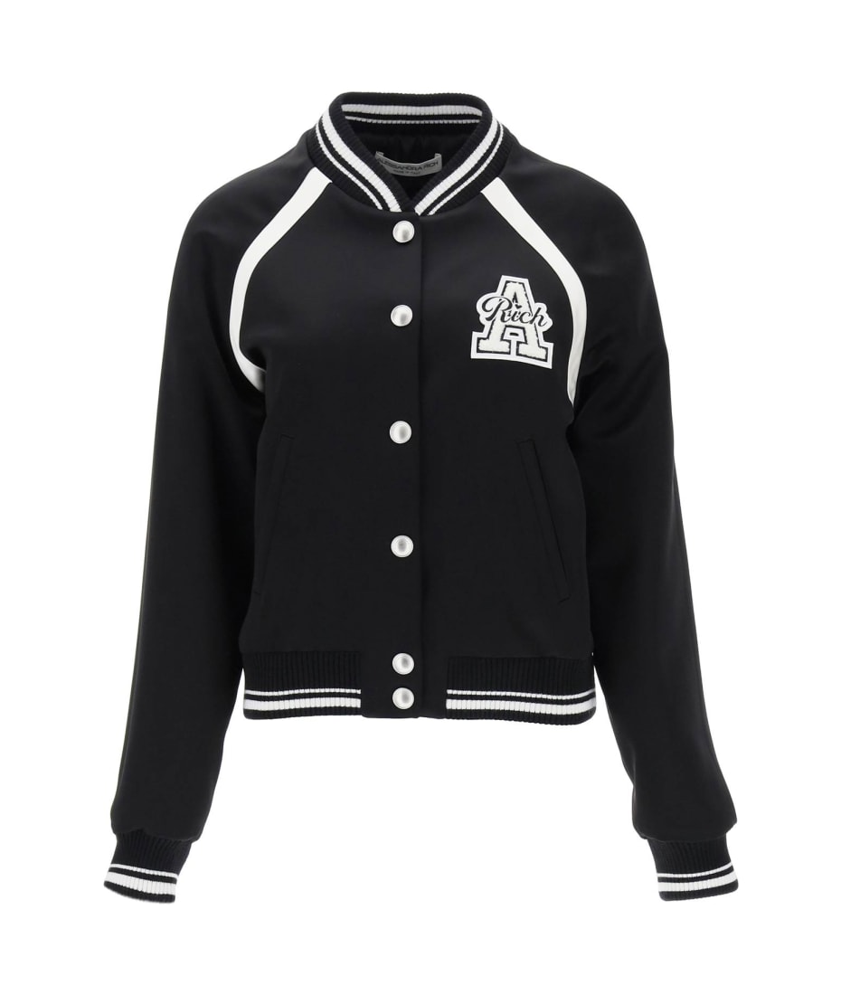 Alessandra Rich Satin Bomber Jacket With Logo Patch