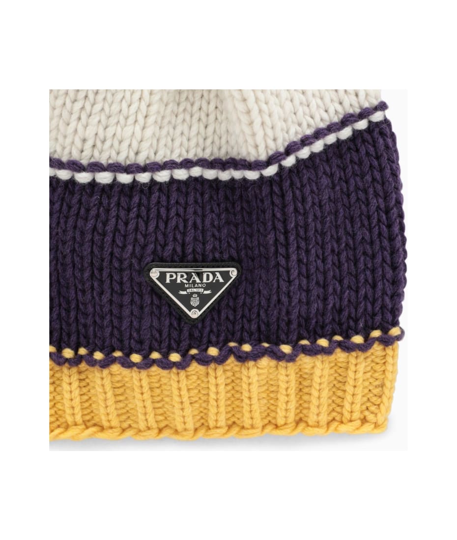 【送料&関税込】Prada Yellow\\/papaya Striped Wool And Cashme Pom Pom Prada Beanies Prada Yellow/papaya Striped Wool And