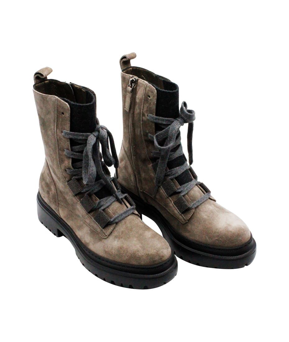 Brunello Cucinelli Suede Boots With Rubber Tread With Monili