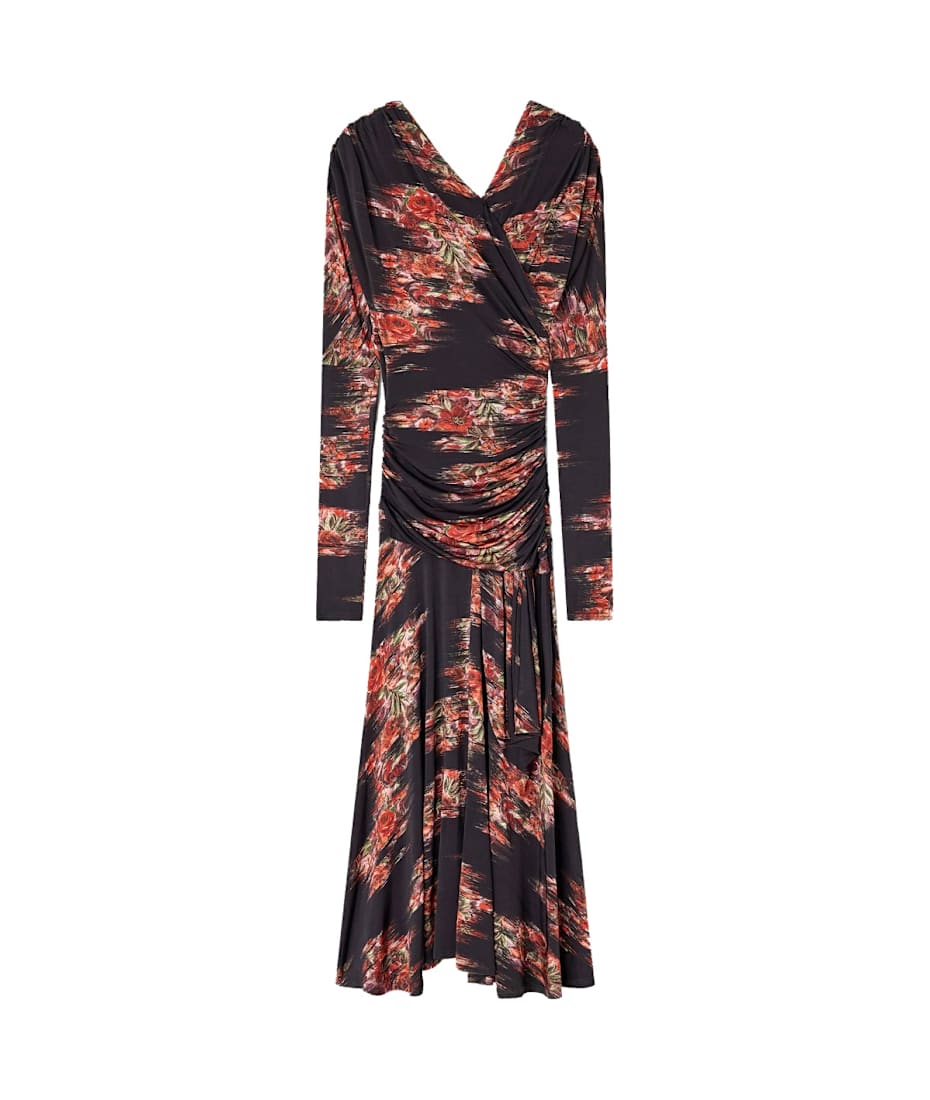 knee length dresses for ladies Ganni Printed Satin Gathered Long Dress