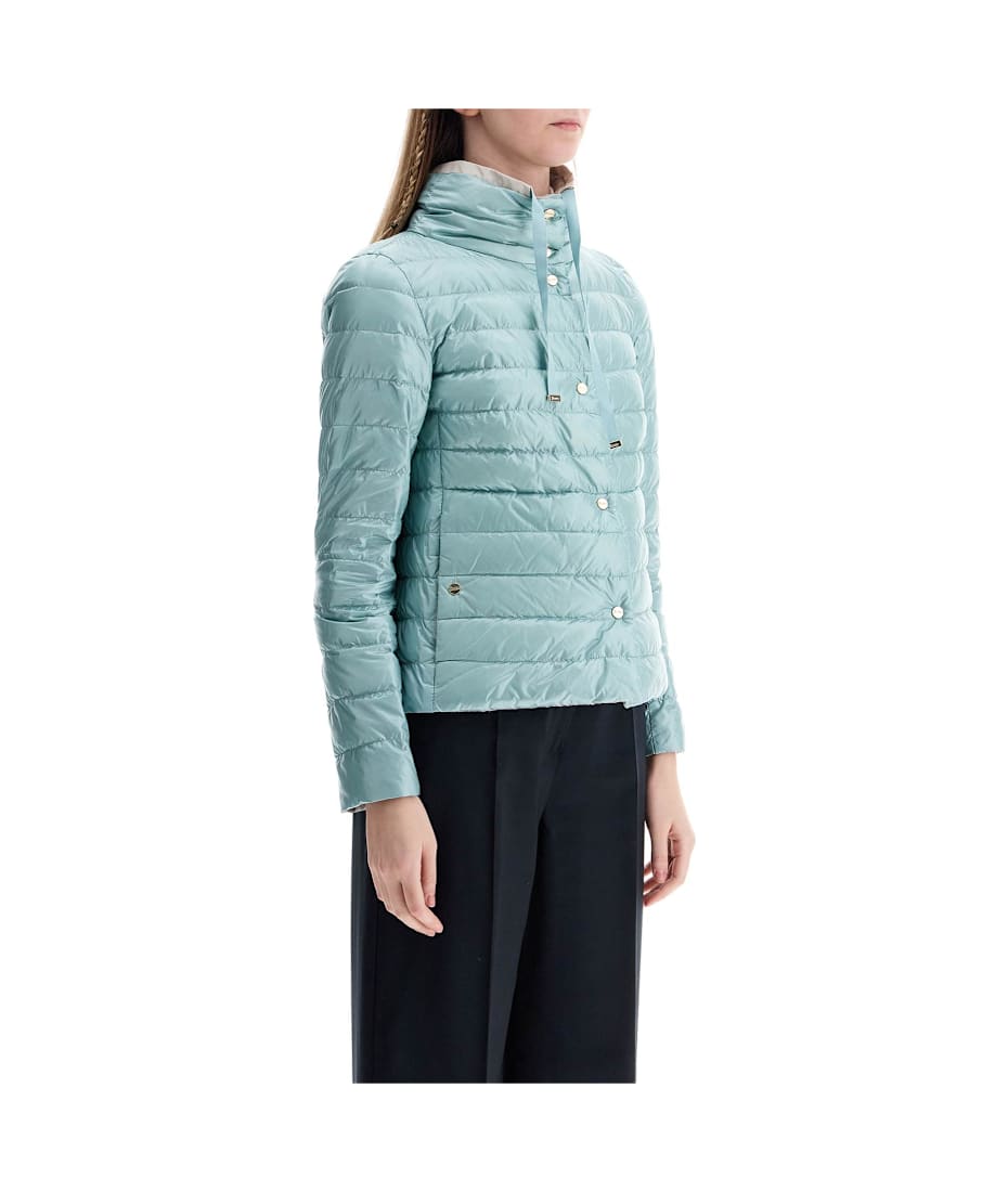 Herno Short Puffer Jacket In Ice Blue Nylon With Metal