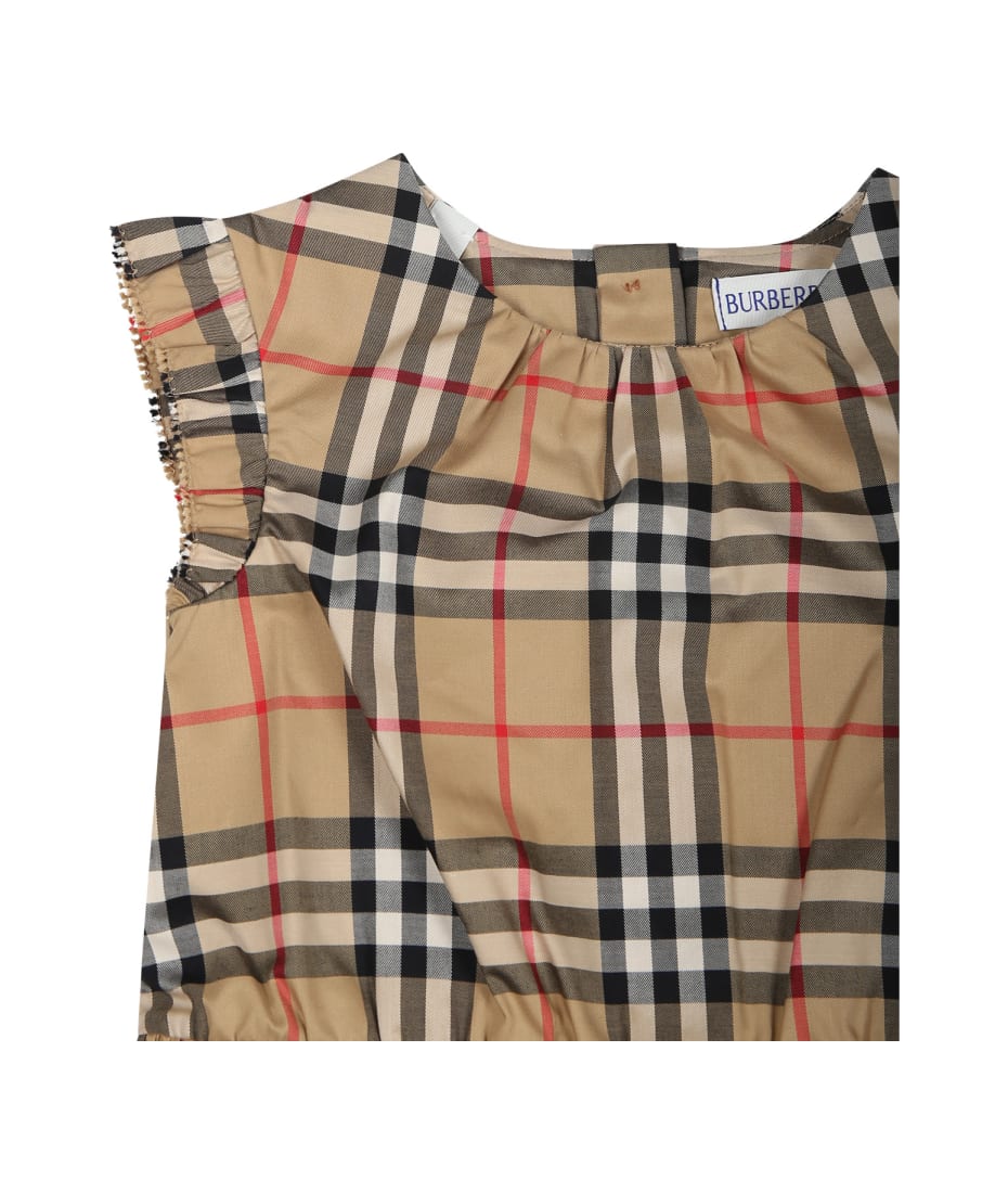 Burberry Beige Dress For Baby Girl With Iconic Vintage Check - Boy burberry logo print six panel cap item
