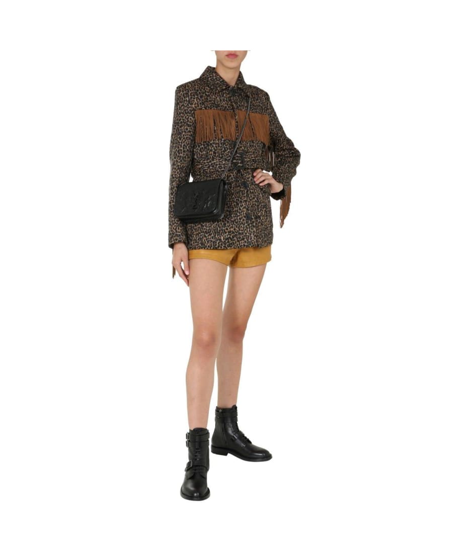 【送料&関税込】Saint Laurent Leopard Print Fringed Jacket AUTHENTIC Saint Laurent Brown Fringe Leopard Print Suede